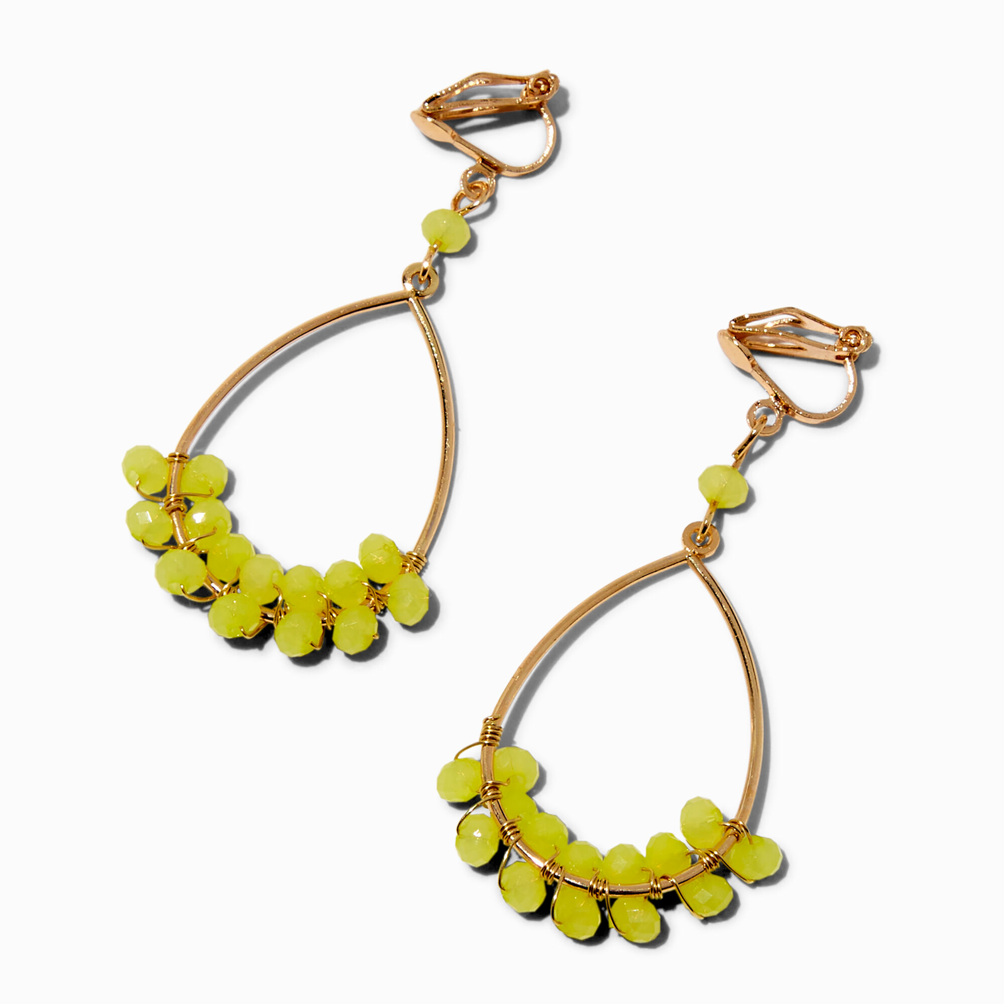 Pendantes 4 cm à clip anneaux couleur dorée perlés jaune-vert,