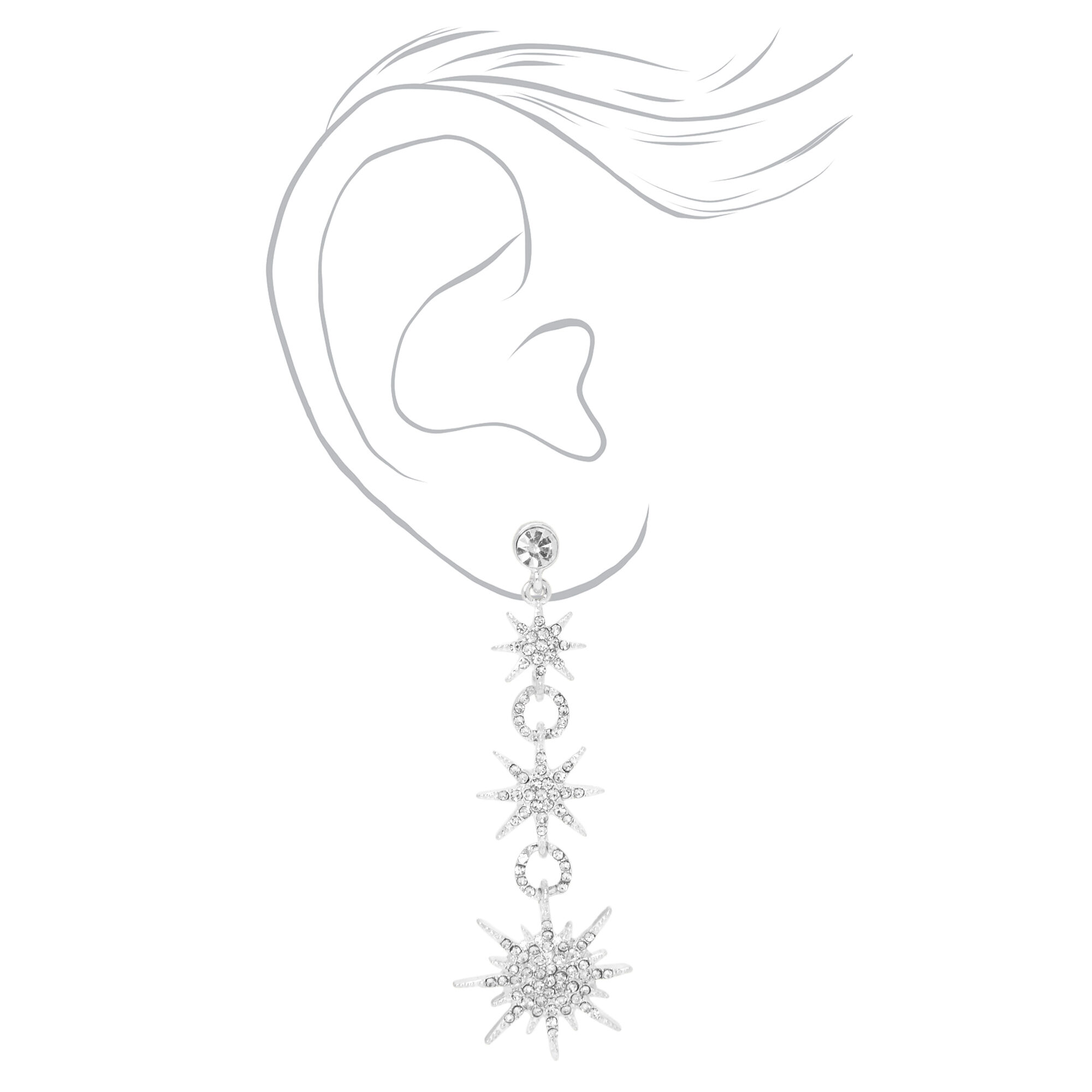 Silver Starburst 2.5" Linear Drop Earrings,