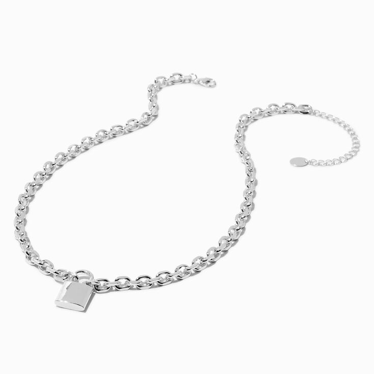 Silver-tone Cable Chain Lock Pendant Necklace ,