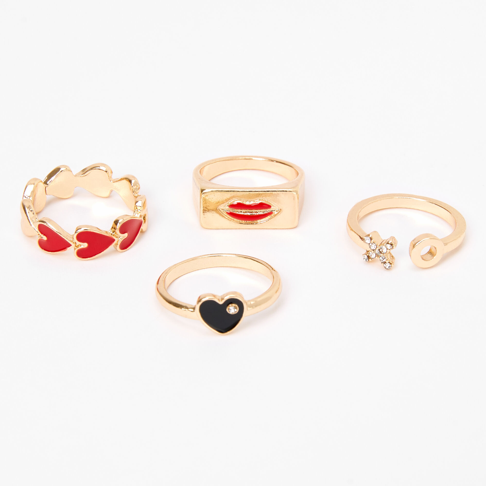 Gold Heart & Lips Mixed Rings - 4 Pack,