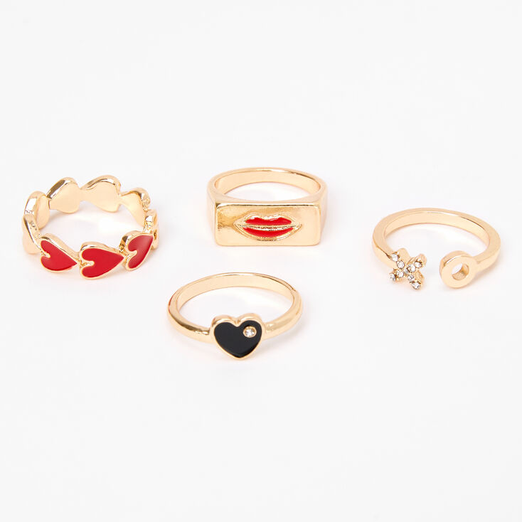 Gold Heart &amp; Lips Mixed Rings - 4 Pack,