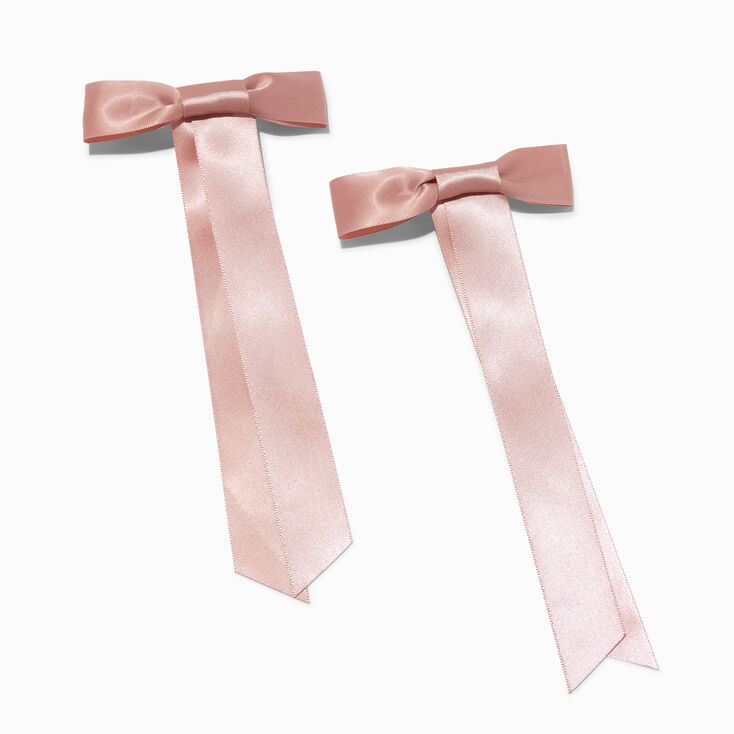 Blush Pink Satin Long Tail Hair Bow Clips - 2 Pack,