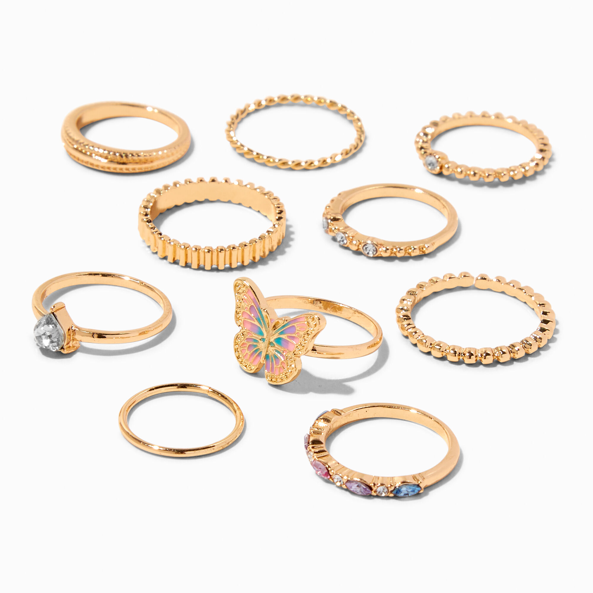 View Claires Tone Mixed Butterfly Crystal Rings 10 Pack Gold information