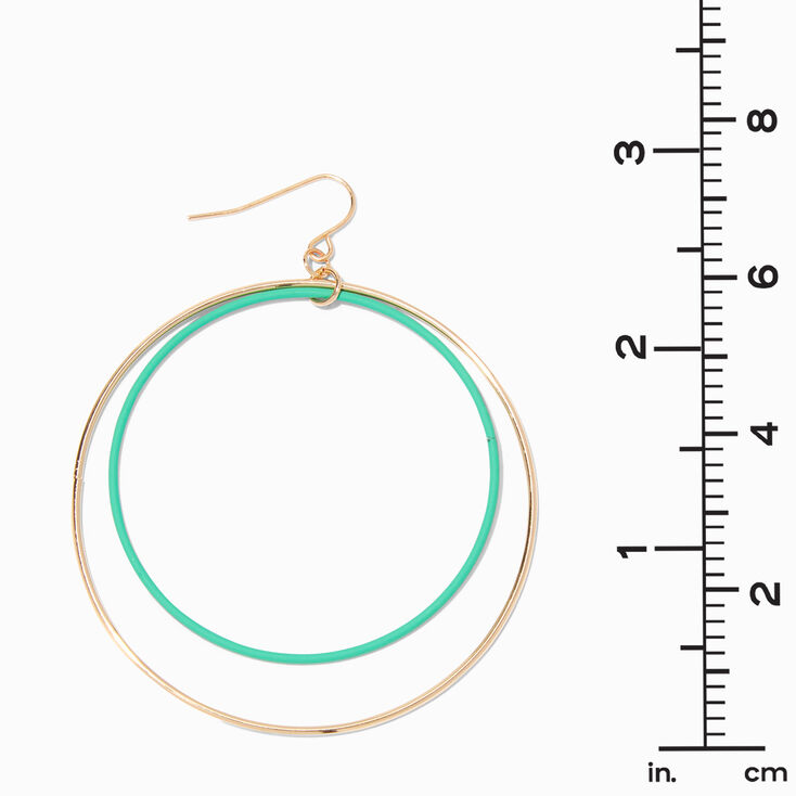 Gold 3&#39;&#39; Green Enamel Double Ring Hoop Drop Earrings,