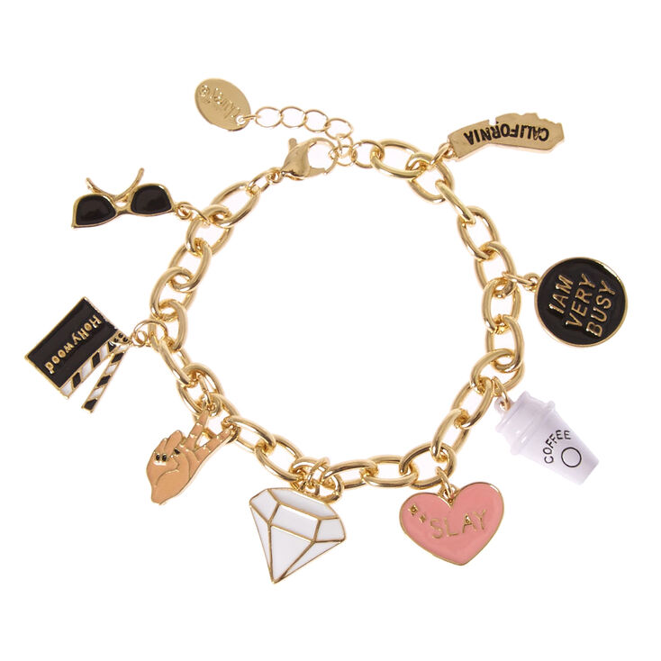 Gold Tone Hollywood Themed Charm Bracelet Claire S Us Gold Tone Hollywood Themed Charm Bracelet
