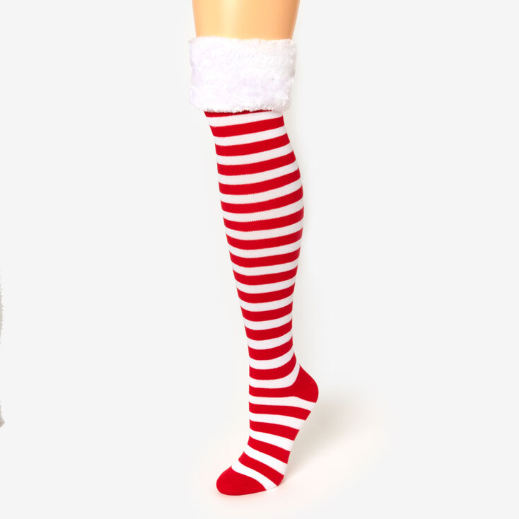 Christmas Striped Over The Knee Socks - Red,
