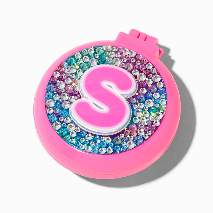 Bejeweled Initial Pop-Up Hair Brush Compact Mirror - S,