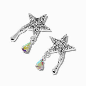 Silver-tone Pav&eacute; Star Iridescent Teardrop Drop Earrings,