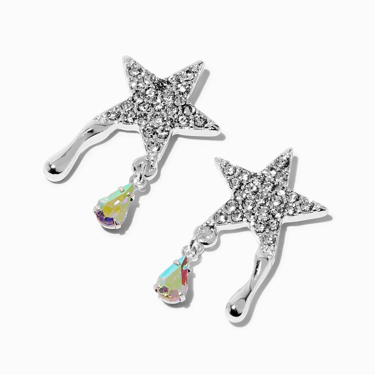 Silver-tone Pav&eacute; Star Iridescent Teardrop Drop Earrings,