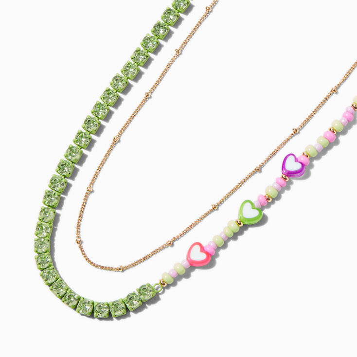 Green Heart Beaded Gold-tone Chain Multi-Strand Necklace,