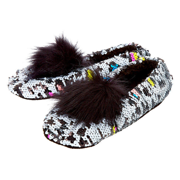Reversible Sequin Rainbow Leopard Slippers,