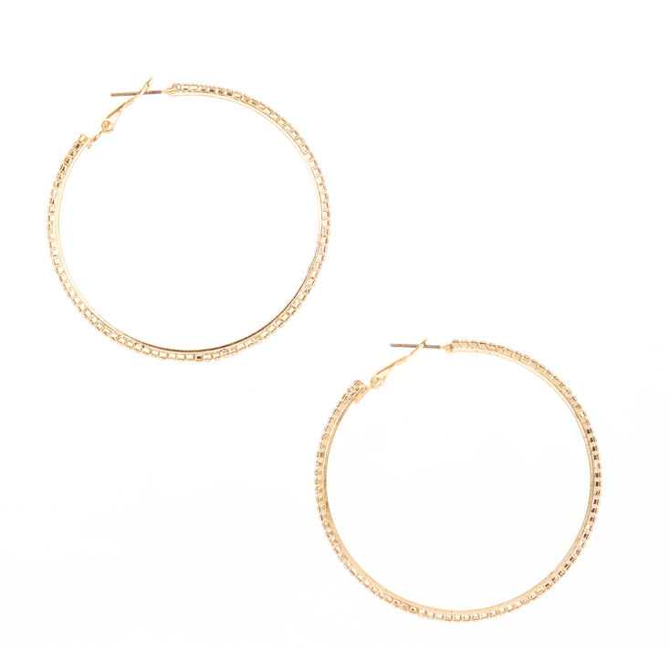 Gold 50MM Glass Rhinestone Studded Hoop Earrings,