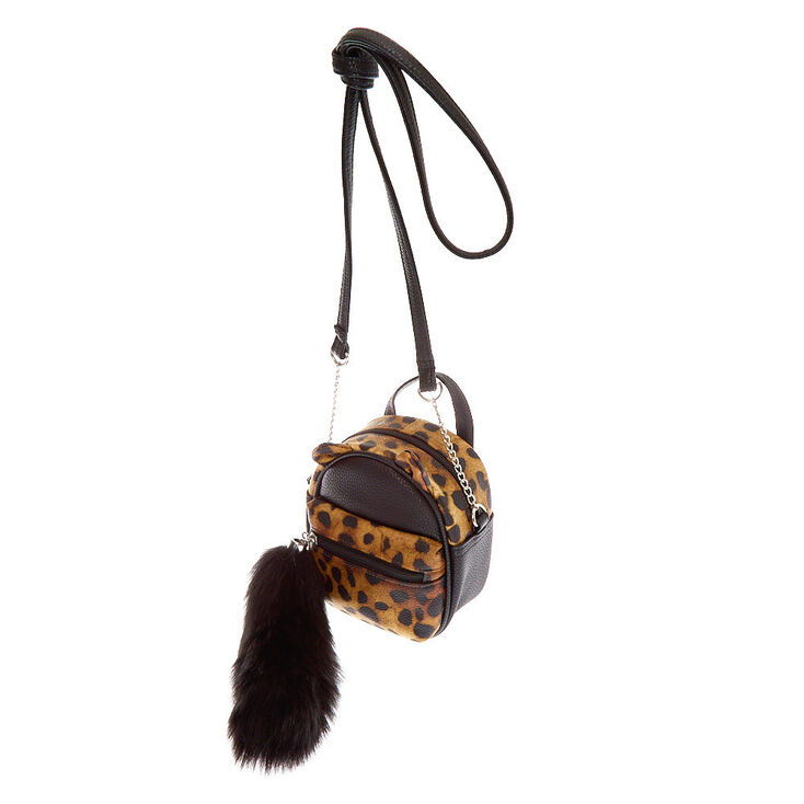 Faux Leather Leopard Cat Mini Backpack Crossbody Bag - Brown,