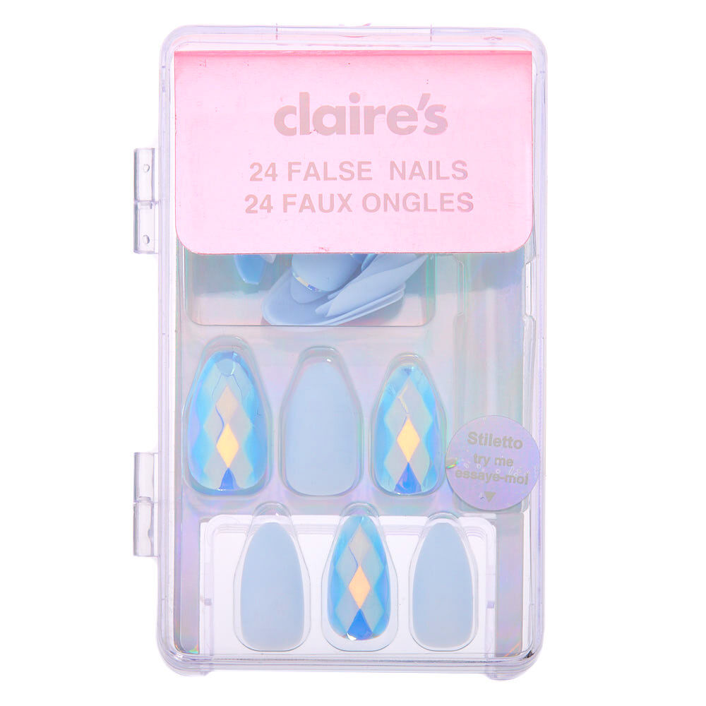 Aurora Borealis Disco Stiletto Faux Nail Set - Blue, 24 Pack,