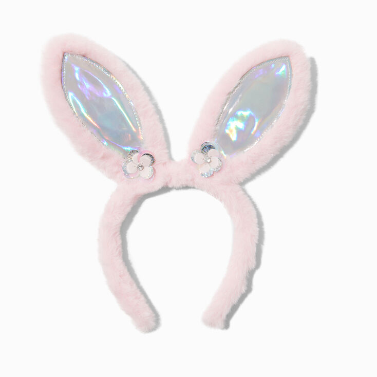 Serre-t&ecirc;te oreilles de lapin iridescentes en peluche rose,