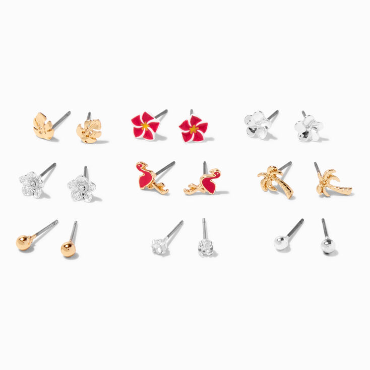 Pink Tropical Mixed Metal Stud Earrings - 9 Pack,
