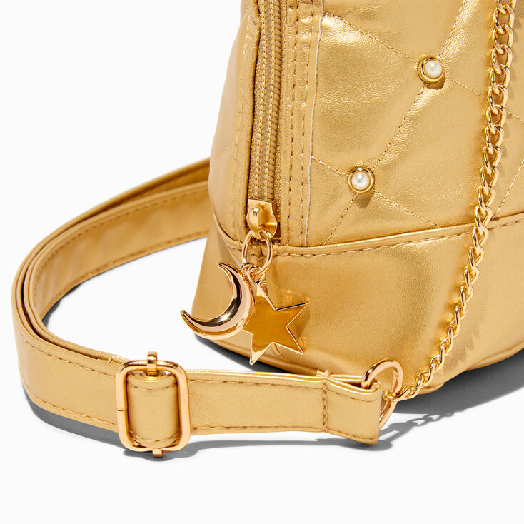 Claire&#39;s Club Gold Quilted Pearl Crossbody Handbag,