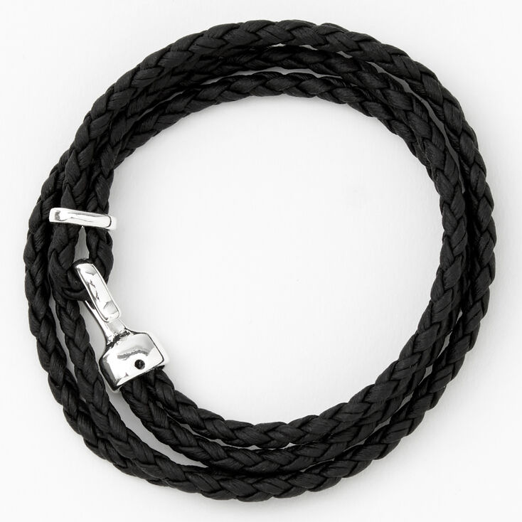 Black Leather Look Braided Wrap Bracelet,