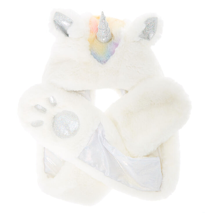 Unicorn Hood With Paw Mittens - White,