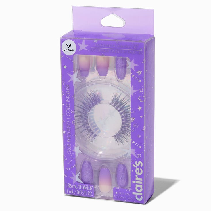 False Lashes &amp; Purple Ombr&eacute; Stiletto Vegan Faux Nail Gift Set - 24 Pack,