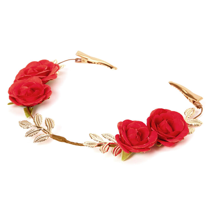 Claire's Ornement pour cheveux feuille et rose couleur dorée - Rouge