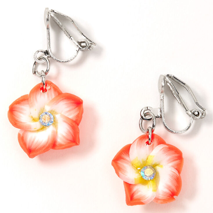 Hibiscus 1&quot; Clip On Drop Earrings - Orange,
