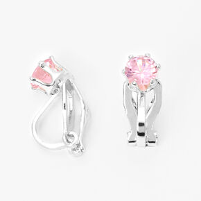 Silver Cubic Zirconia Round Clip On Stud Earrings - Pink,