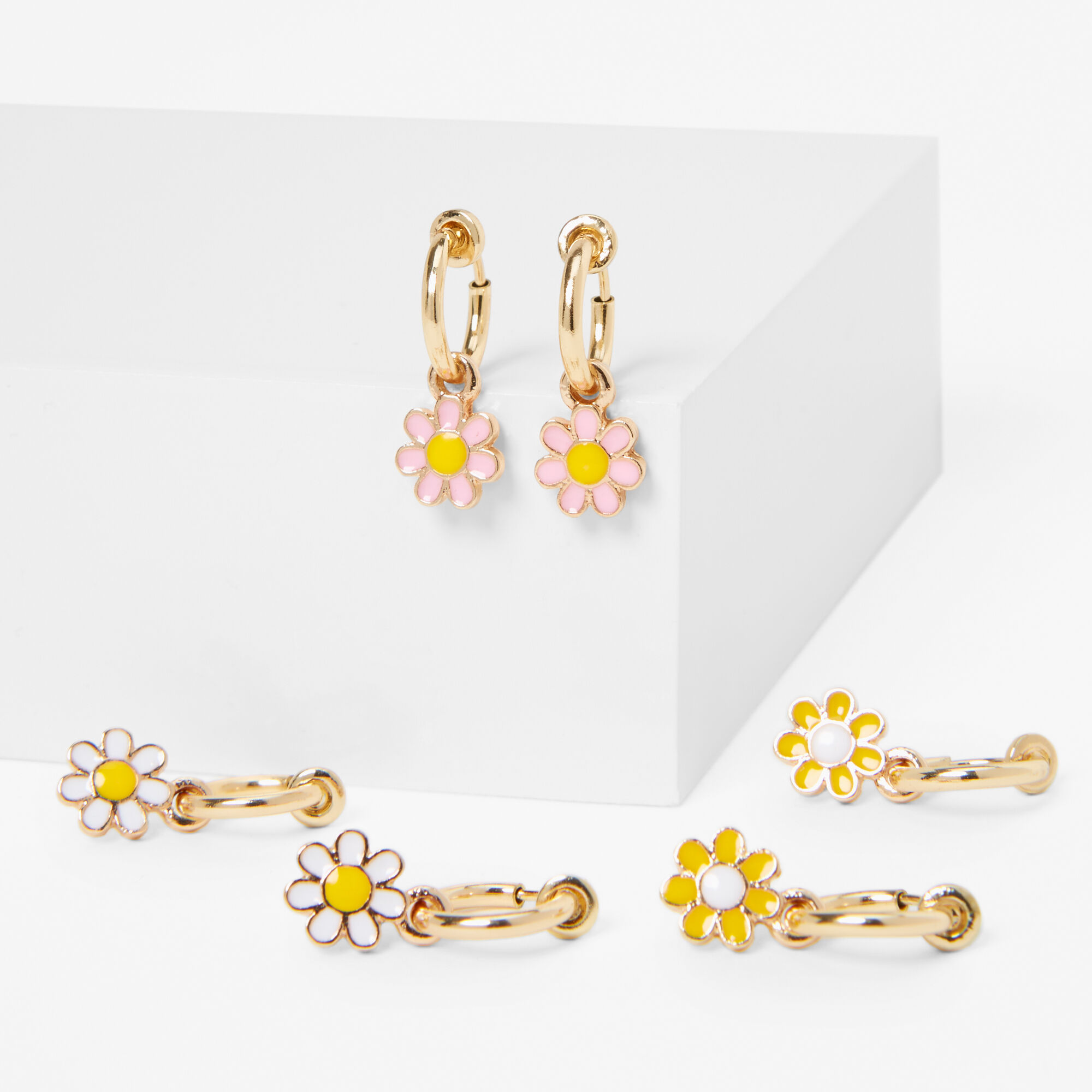 Gold Enamel Daisy Clip-On Hoop Earrings - 3 Pack,