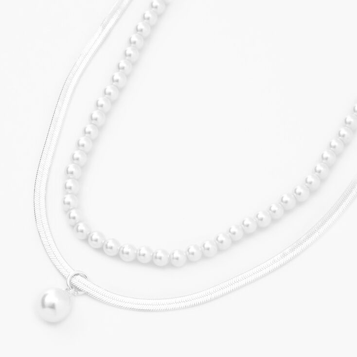 Silver Pearl Herringbone Multi Strand Necklace,