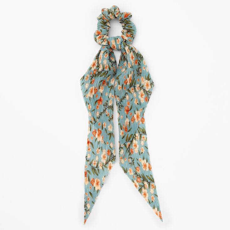 Small Pleated Floral Hair Scrunchie Scarf - Seafoam,