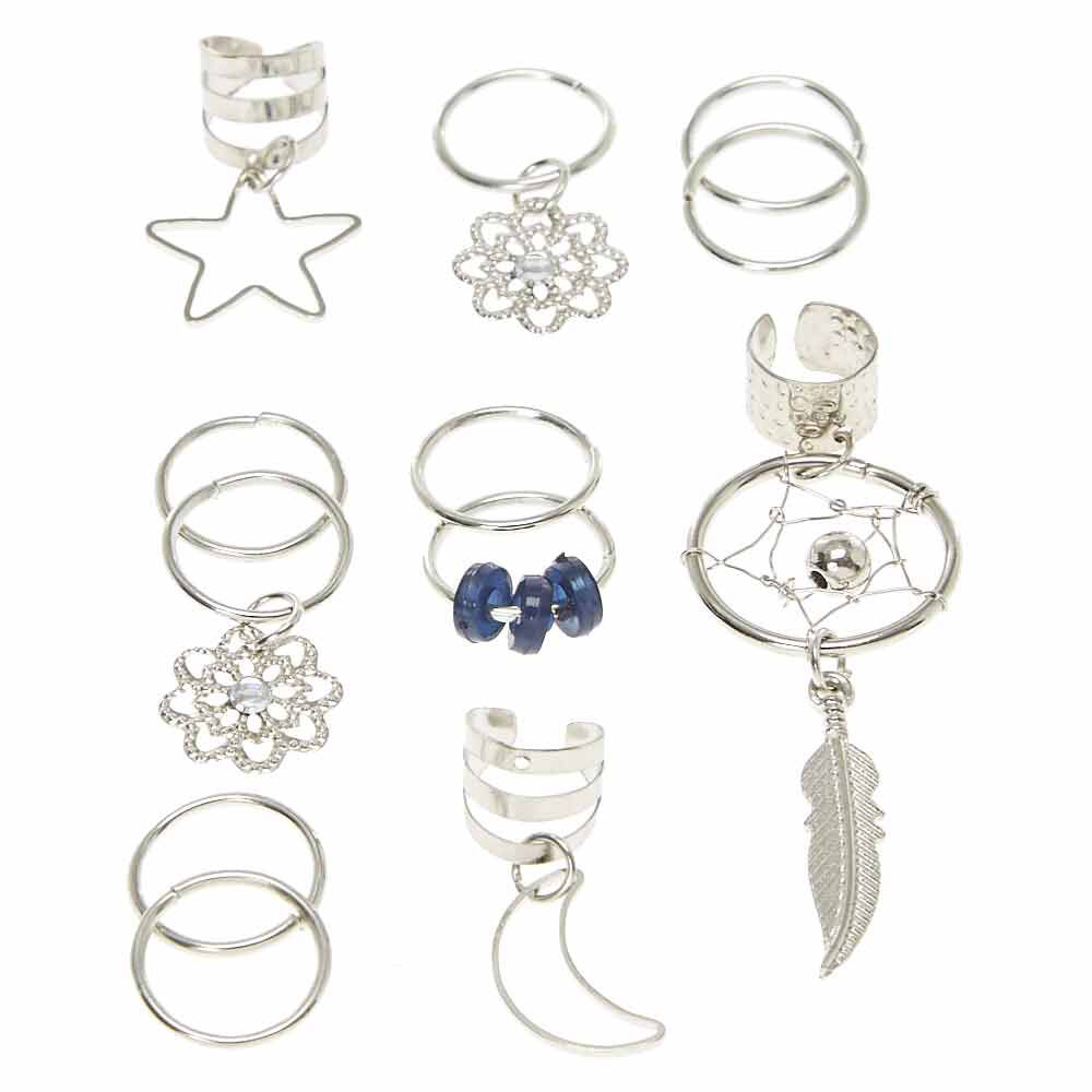 Silver Celestial Hair Rings 8 Pack