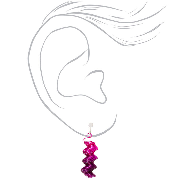 Silver 1&quot; Pink &amp; Purple Zig Zag Clip On Drop Earrings,