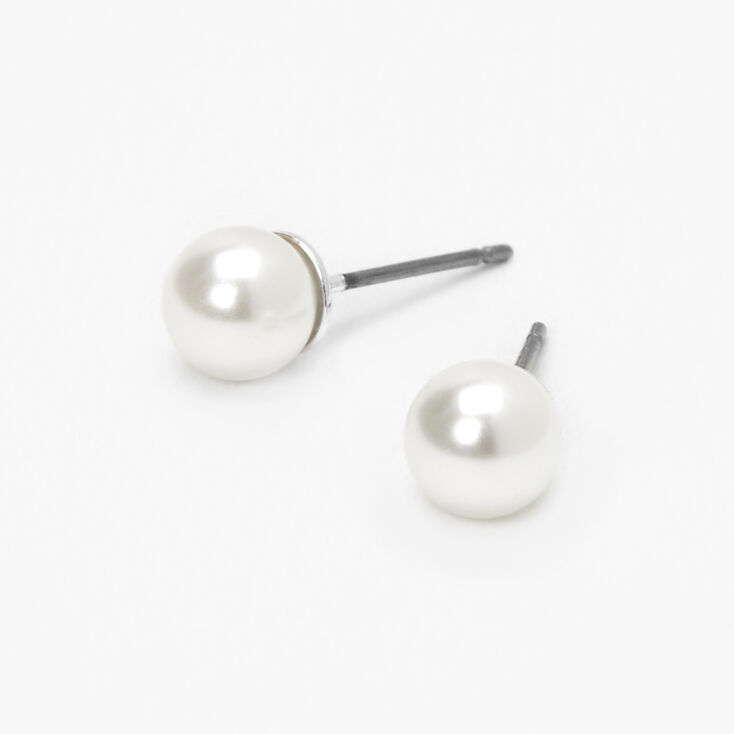 Silver Pearl Stud Earrings - White, 6MM,