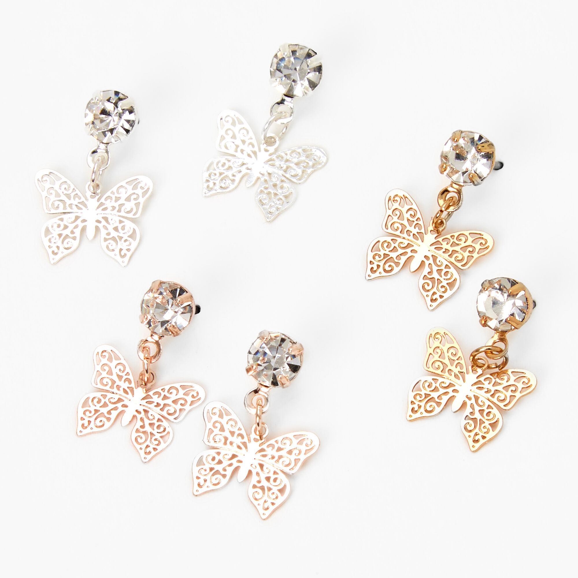 View Claires Mixed Metal 05 Filigree Butterfly Drop Earrings 3 Pack Rose Gold information