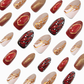 Brown &amp; Gold Embellished Stiletto Vegan Faux Nail Set - 24 Pack,