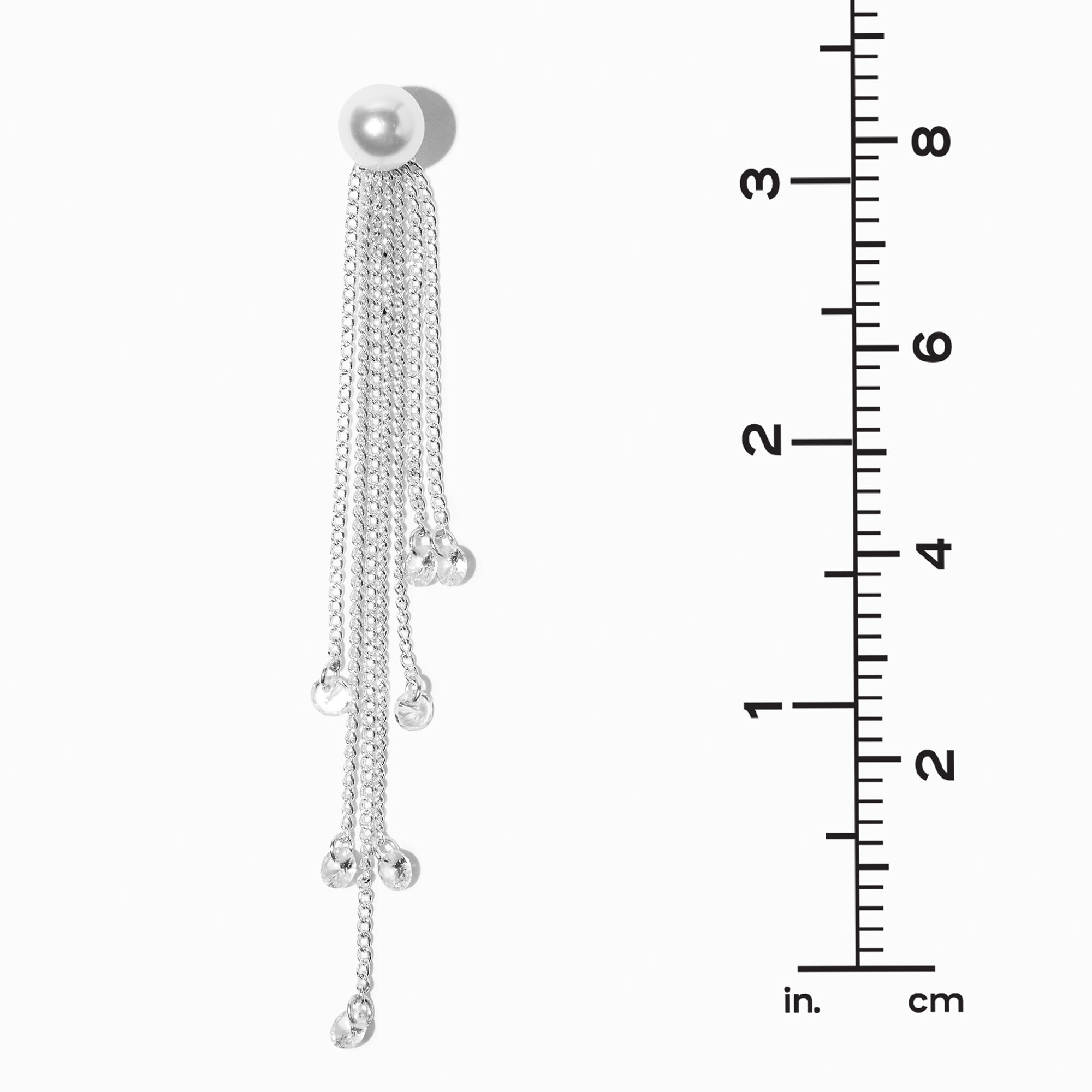 Pendantes 8 cm frange confettis en zircon cubique d'imitation et perle d'imitation couleur argentée,