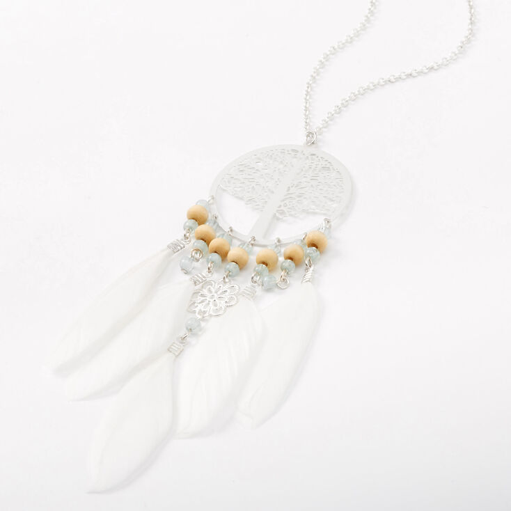Silver Tree Of Life Beaded Feather Long Pendant Necklace - White,
