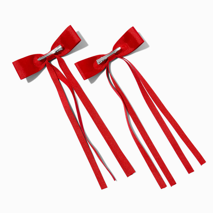 Red Grosgrain Ribbon Long Tail Hair Bow Clips - 2 Pack,