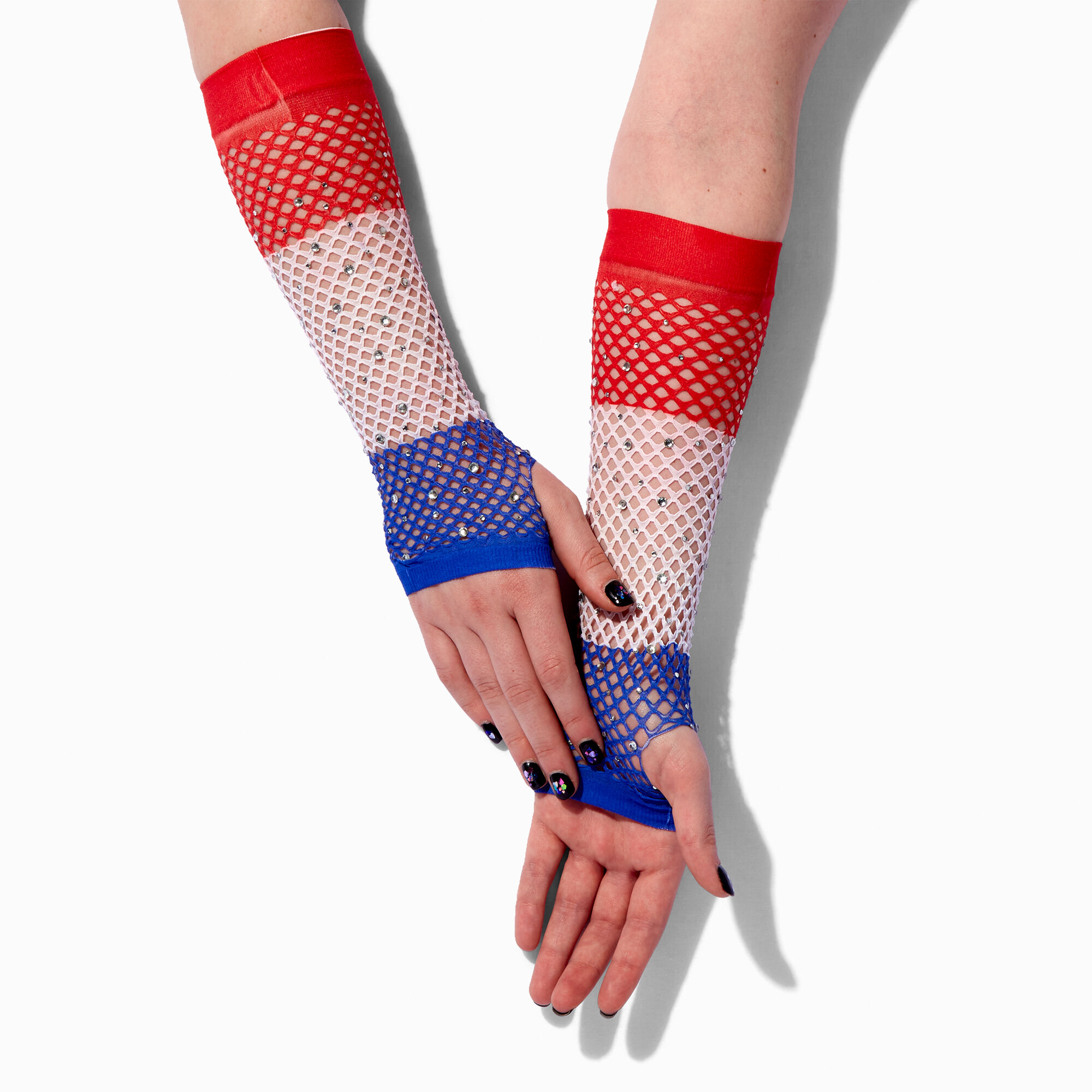 View Claires Bastille Day Fishnet Arm Warmers Red information