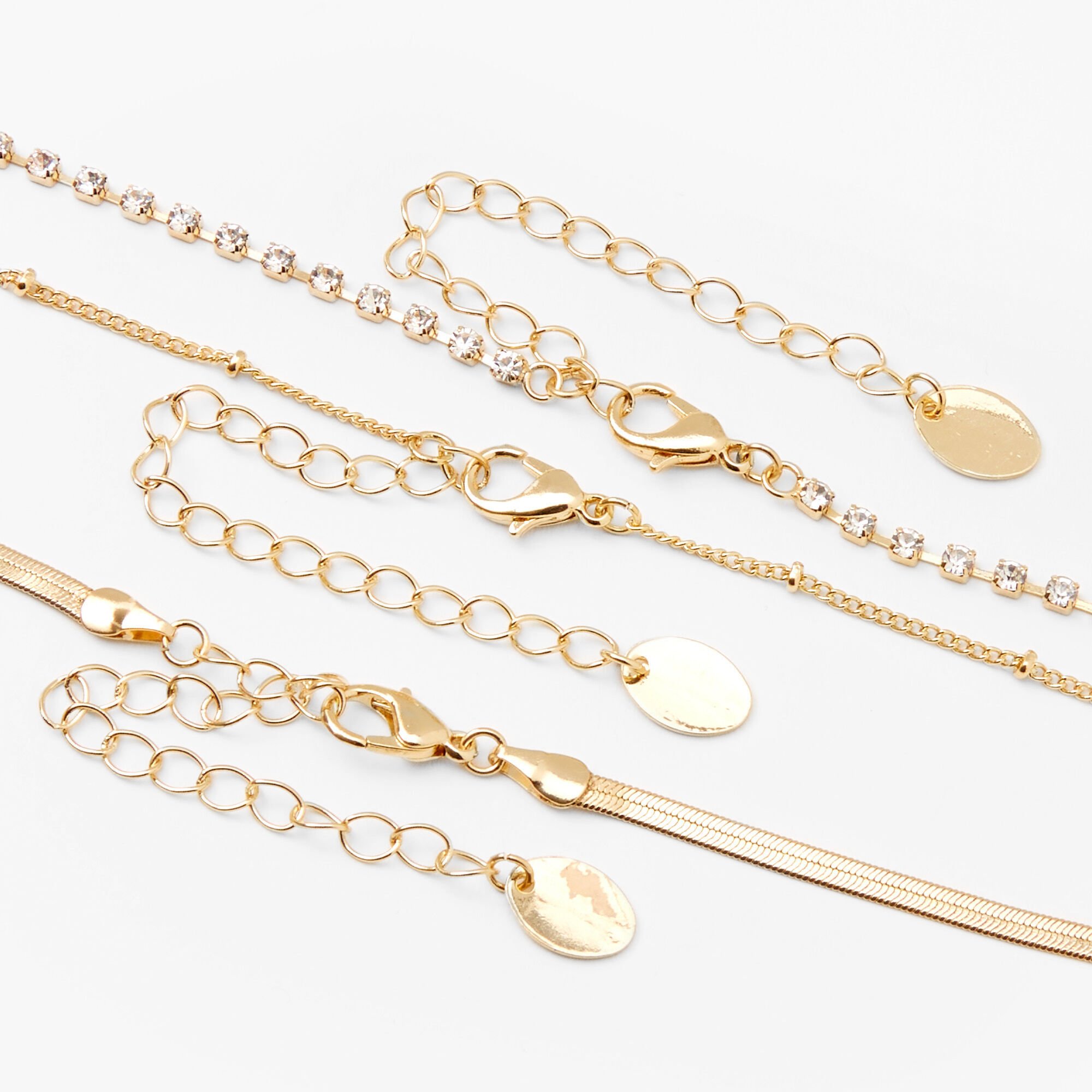 Gold Beaded, Rhinestone & Snake Chain Necklaces - 3 Pack ,