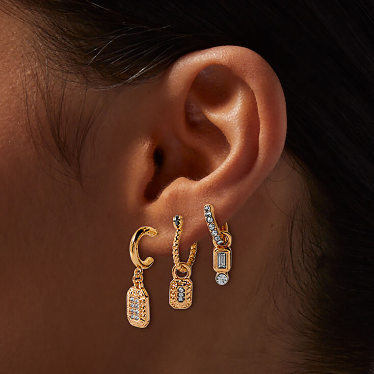 Gold-tone Crystal Bling Hoop Earring Stackables Set - 3 Pack,