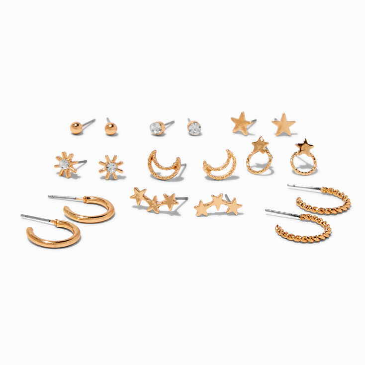 Gold-tone Moon &amp; Stars Stud Earrings - 9 Pack,