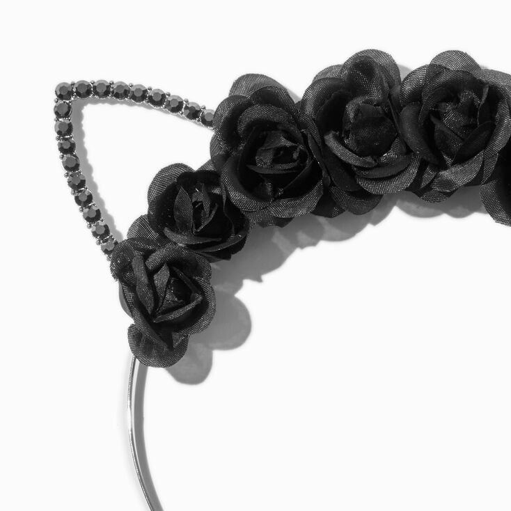 Black Flower Crystal Cat Ears Headband,
