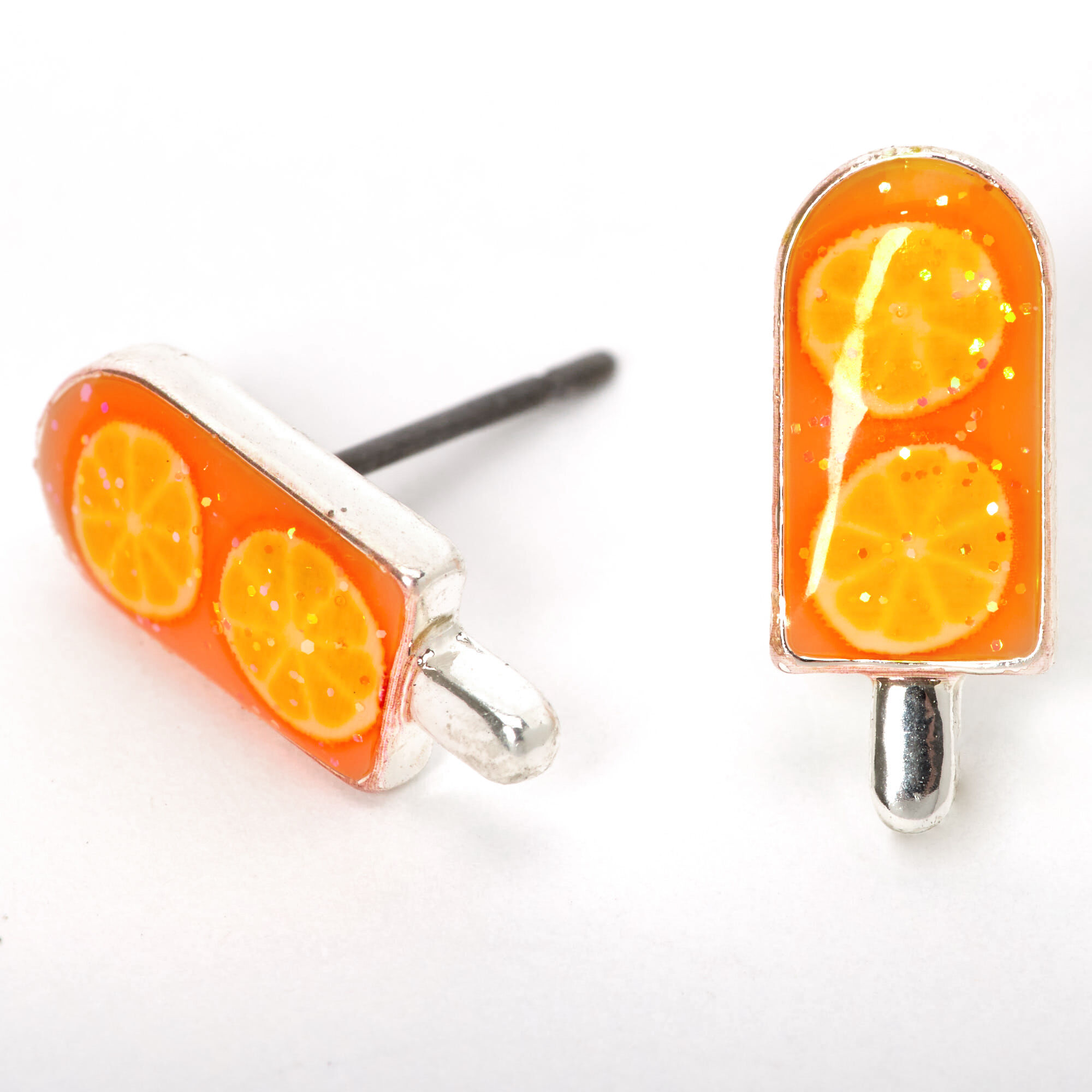 Silver Glitter Popsicle Stud Earrings - Orange | Claire's US