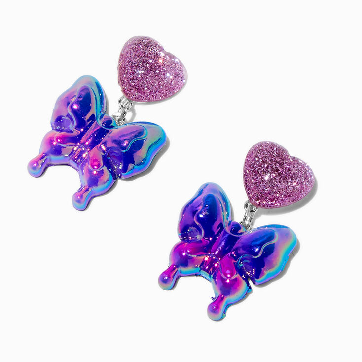 Pendantes c&oelig;urs et papillons bomb&eacute;s violets,