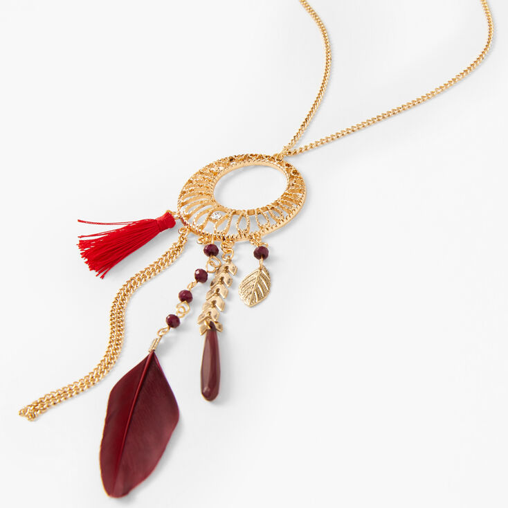 Gold Filigree Feather Long Crescent Pendant Necklace - Burgundy,