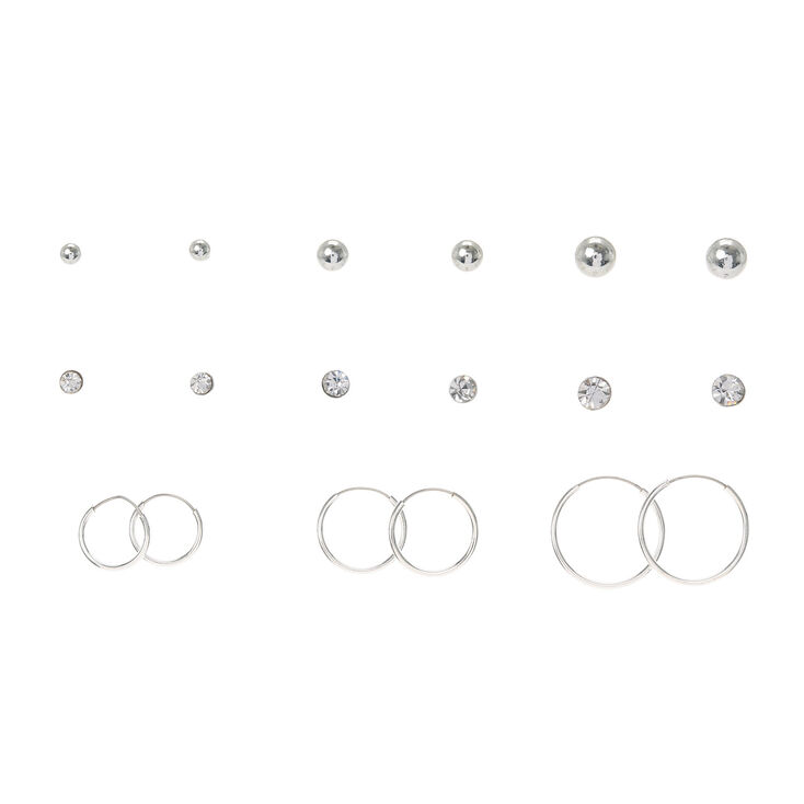9 Pack Silver Crystal Stud &amp; Hoop Earrings,