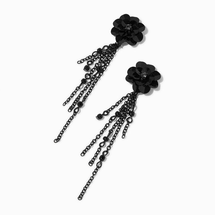 Black Floral Linear Chain Fringe 3&quot; Drop Earrings,