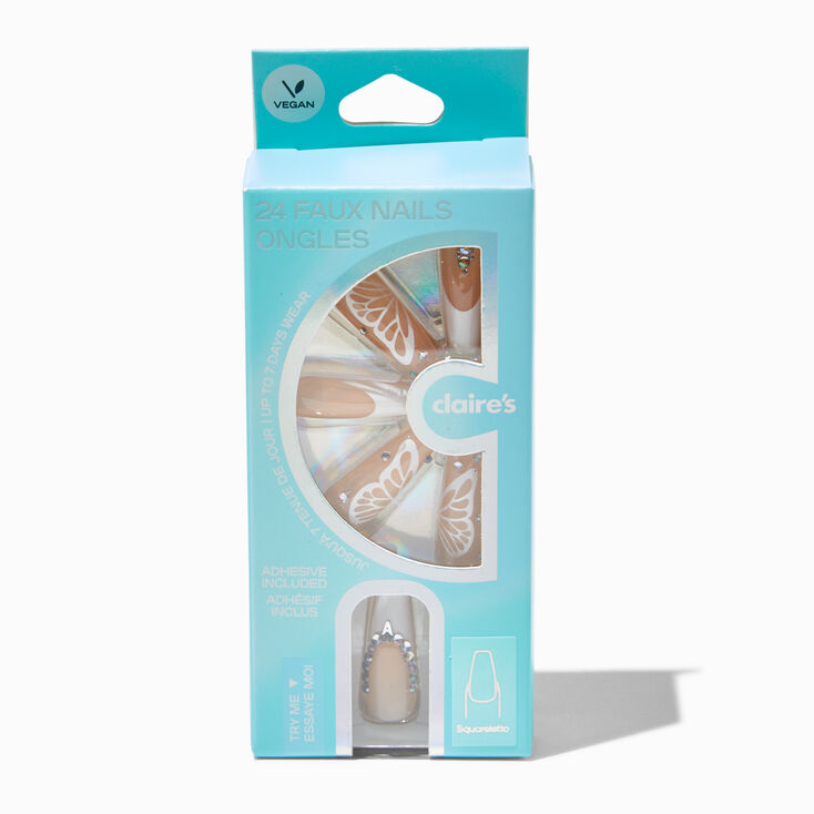 White Butterfly French Tip Bling Squareletto Vegan Faux Nail Set - 24 Pack,