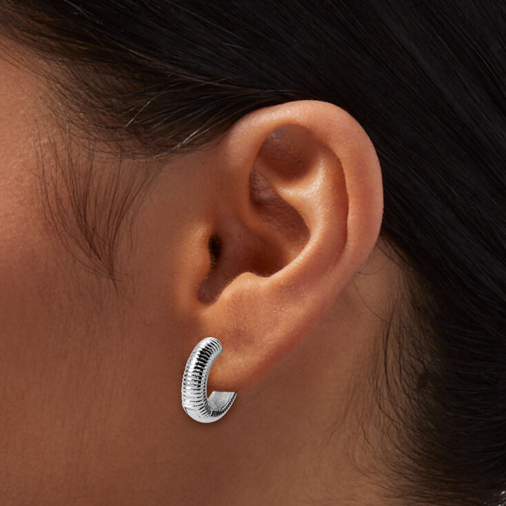 Silver-tone 10mm Ridged Clicker Hoop Earrings,